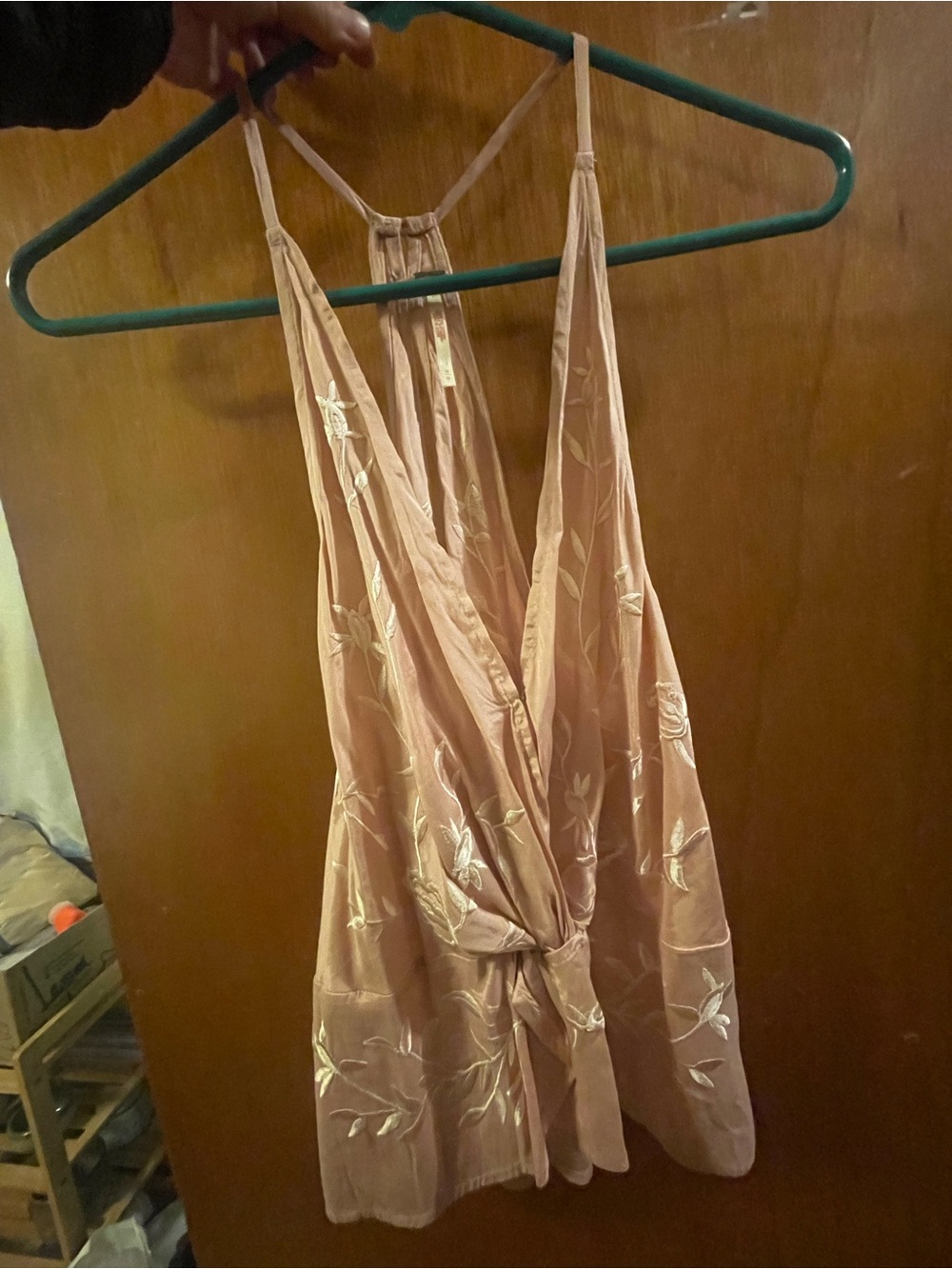 Free People Blush Pink Embroidered V-Neck Tie-Front Tank